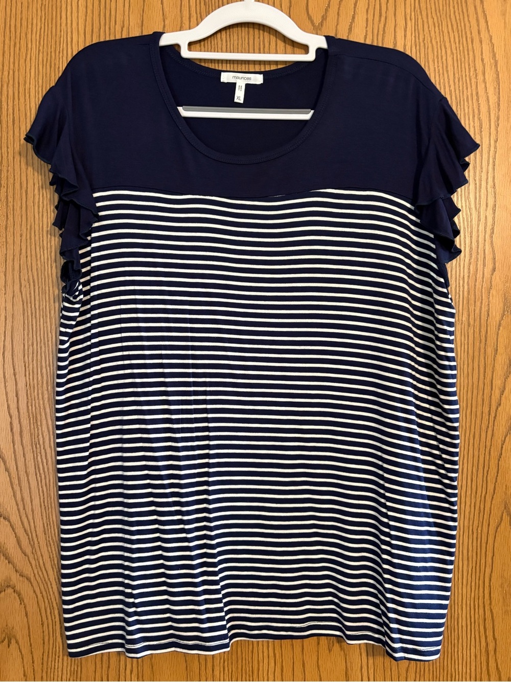 Maurices Navy and White Striped Ruffle Sleeve Tee